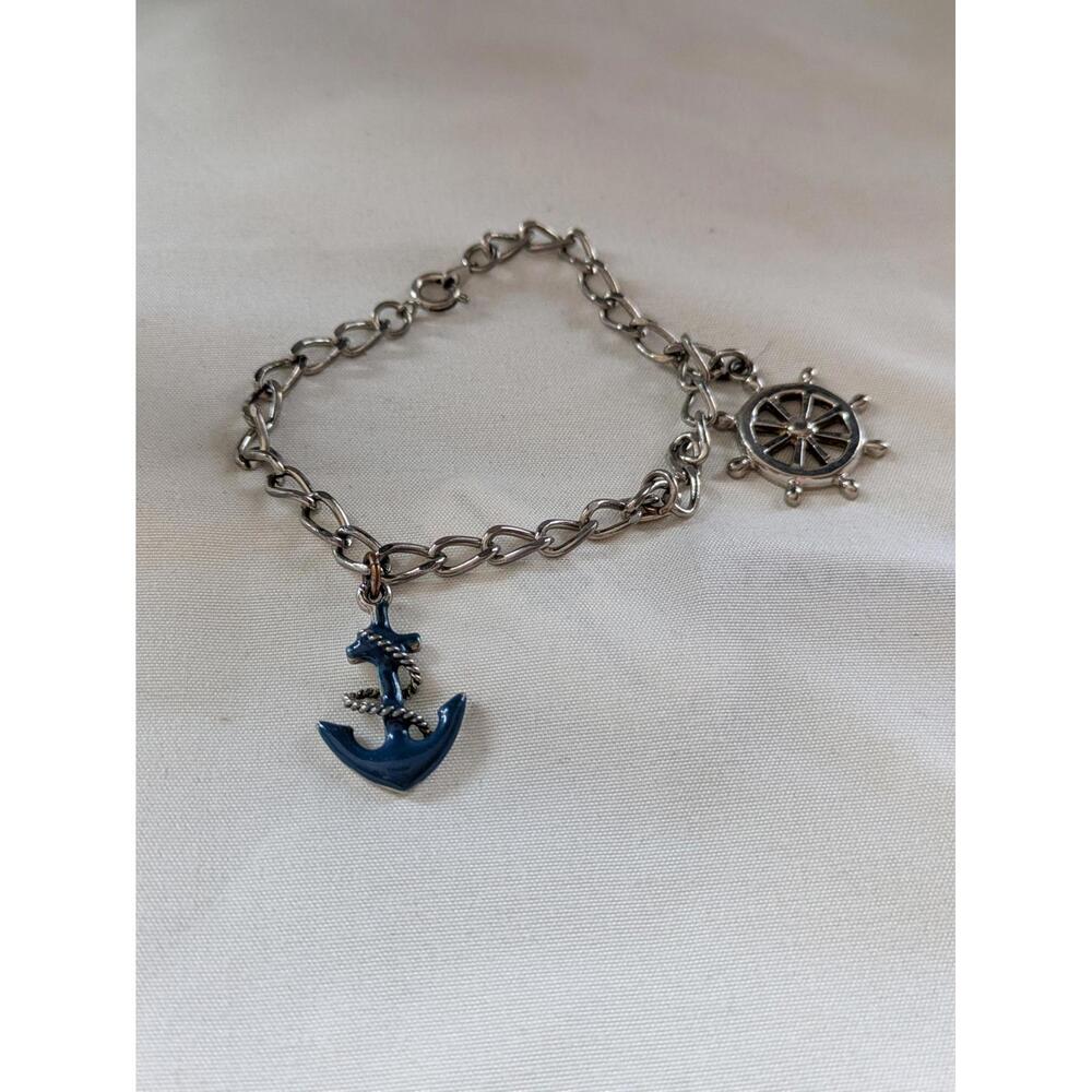 Nautical Charm Bracelet, Anchor & Ship Wheel, Silver Tone, Used Good